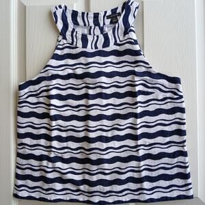 Ann Taylor Back Button Halter Tank Top XS racer neck navy white stripes cotton